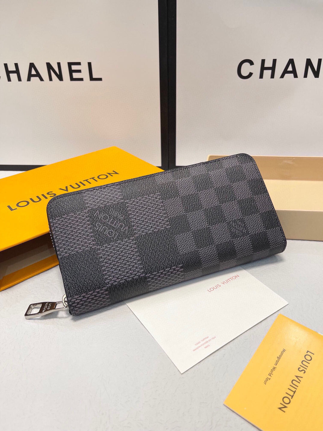 Checked Leather Zipper Wallet