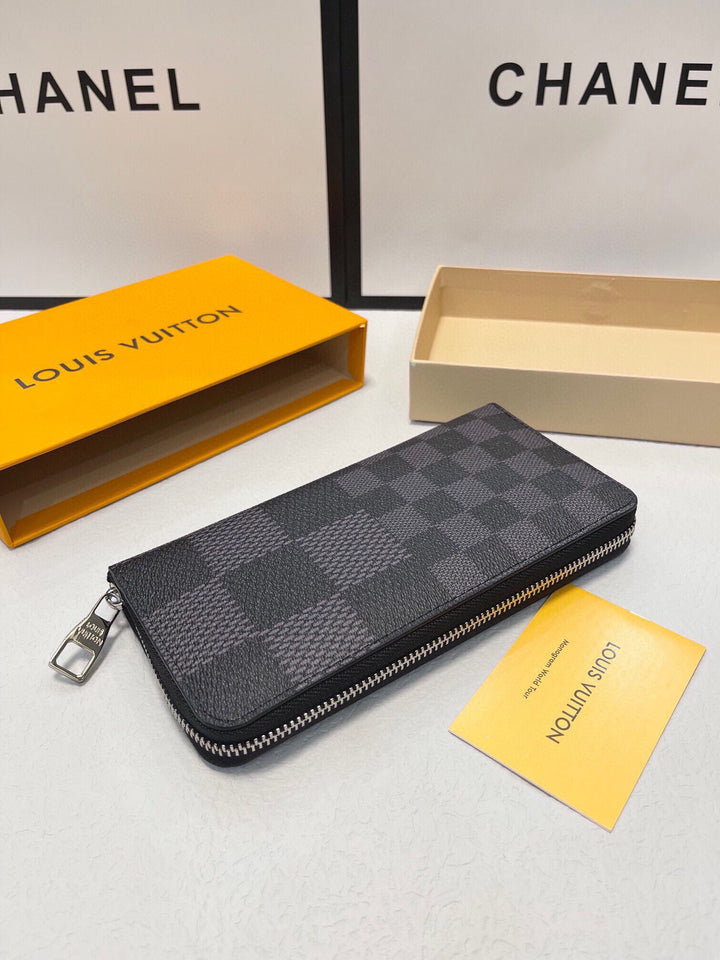 Checked Leather Zipper Wallet