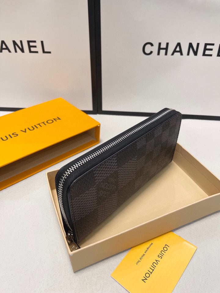 Checked Leather Zipper Wallet