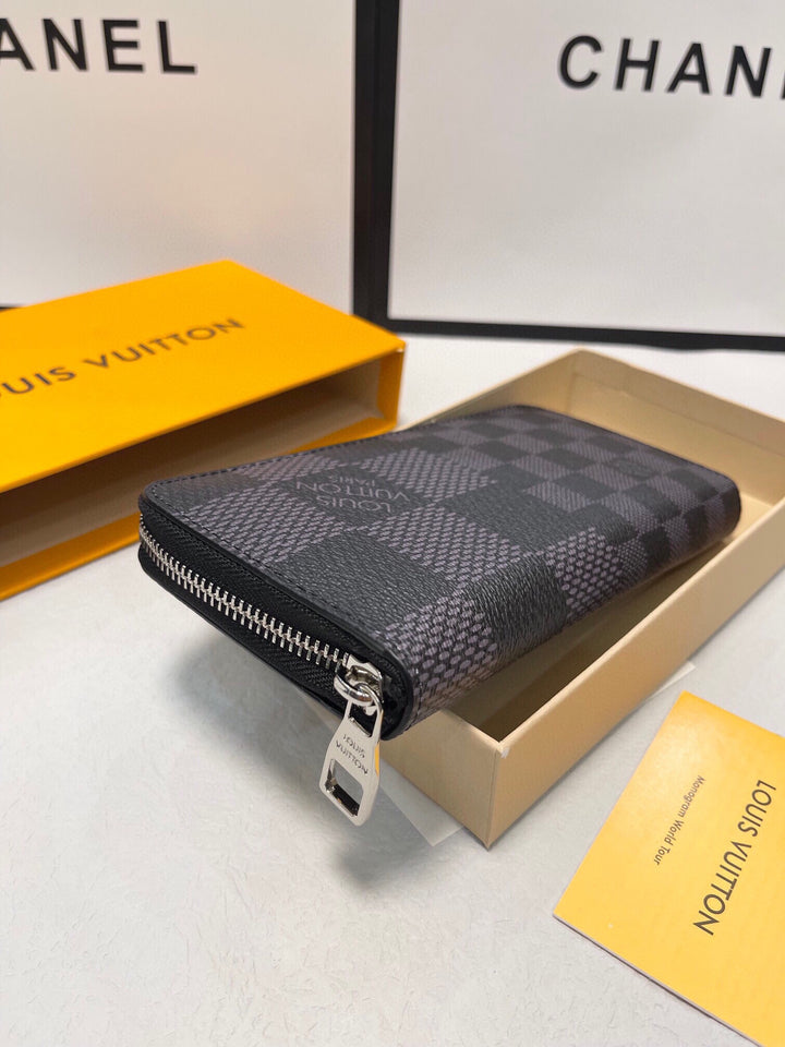 Checked Leather Zipper Wallet