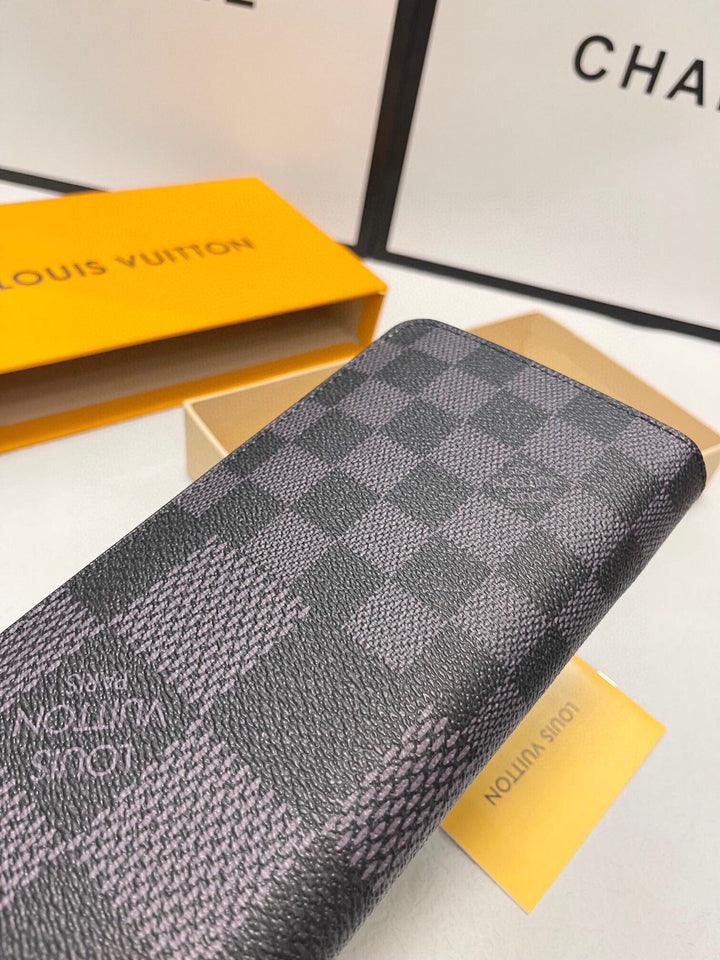 Checked Leather Zipper Wallet