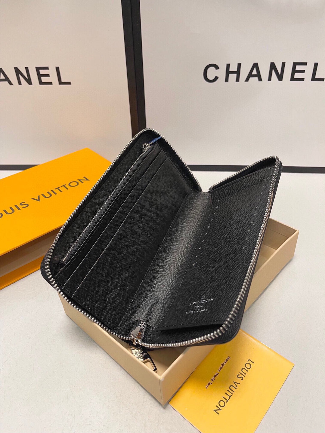 Checked Leather Zipper Wallet