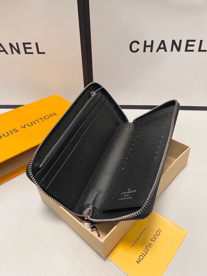 Checked Leather Zipper Wallet