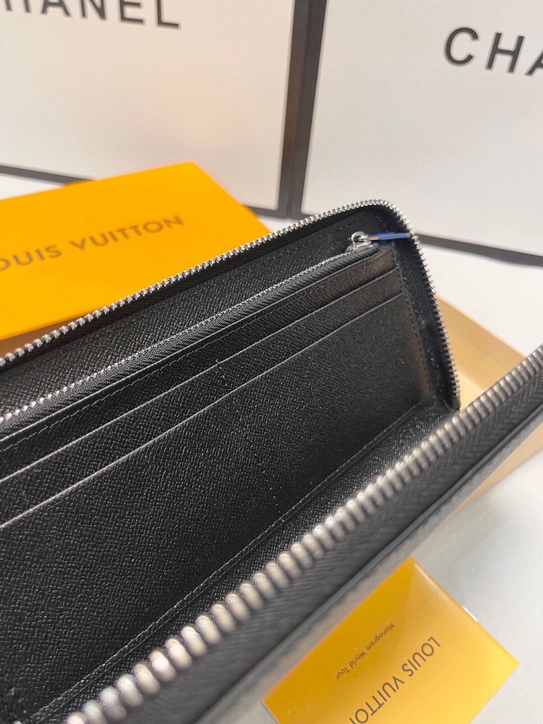 Checked Leather Zipper Wallet