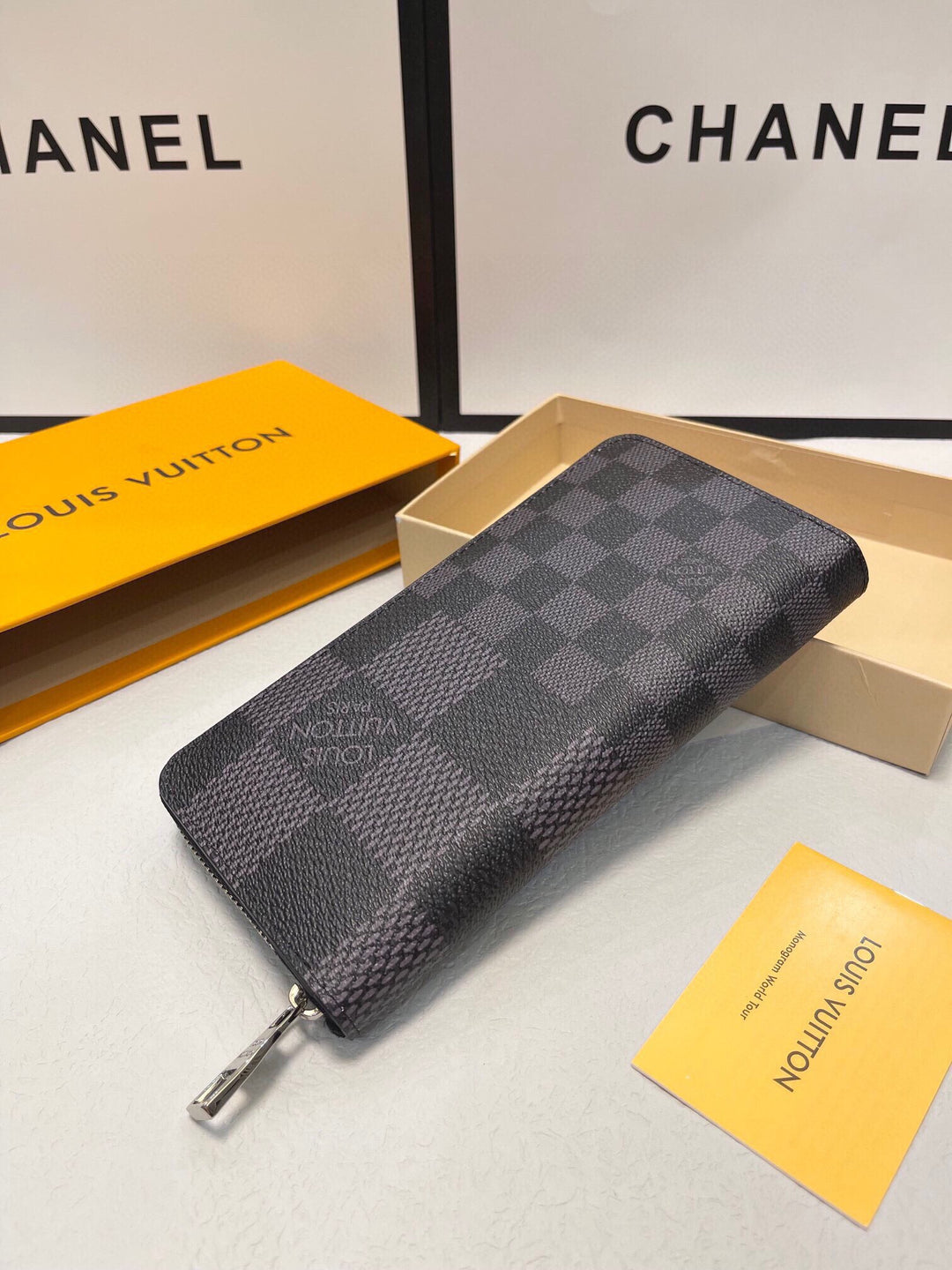Checked Leather Zipper Wallet