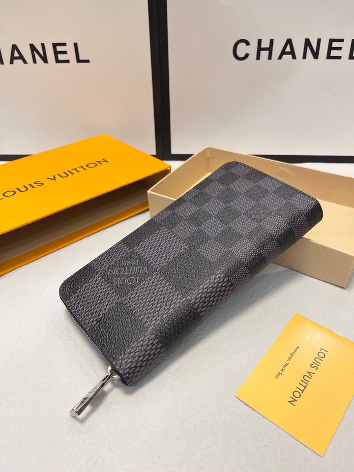 Checked Leather Zipper Wallet