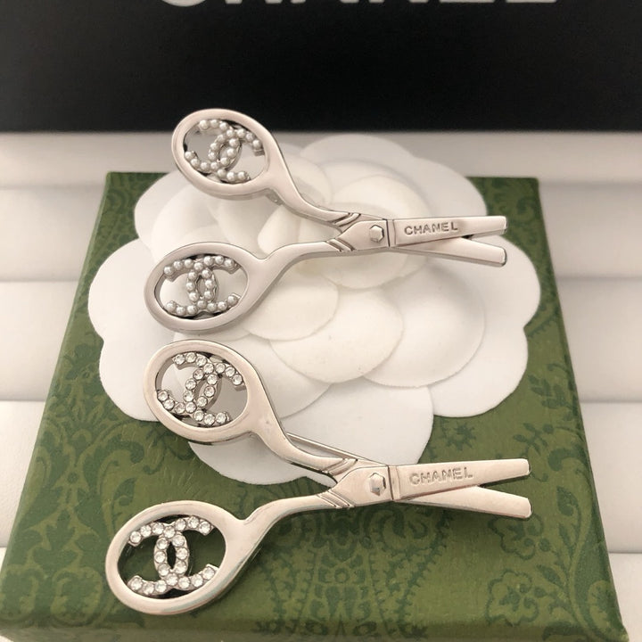 Scissors shape rhinestone pearl brooch