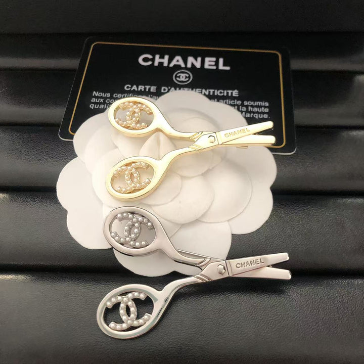 Scissors shape rhinestone pearl brooch