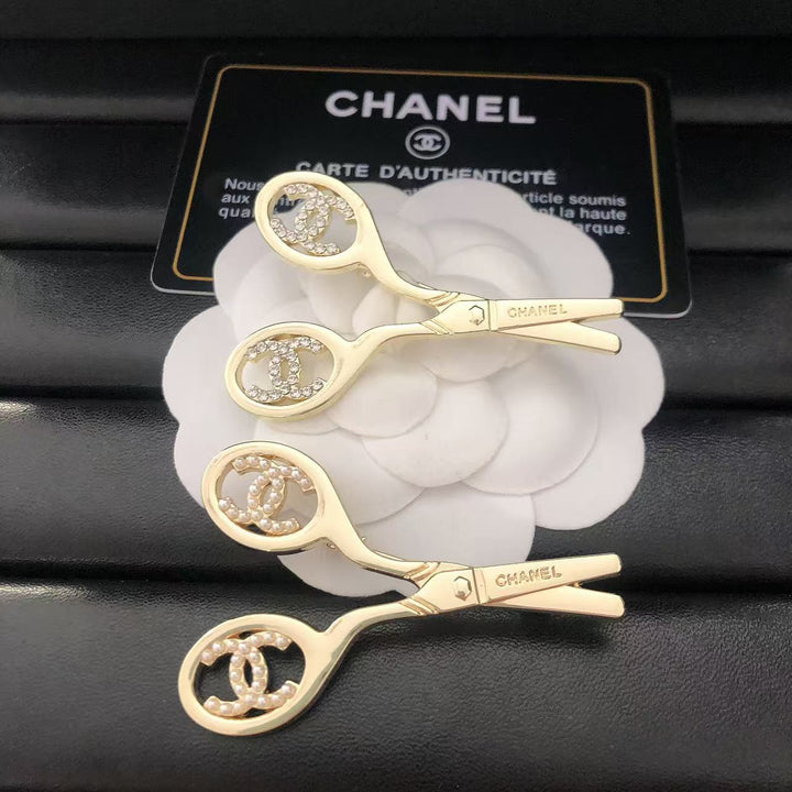 Scissors shape rhinestone pearl brooch