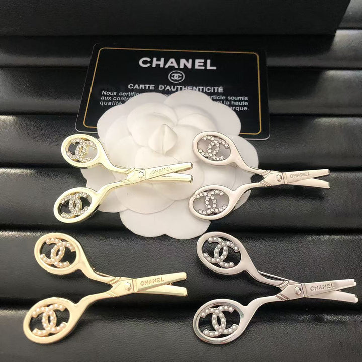 Scissors shape rhinestone pearl brooch