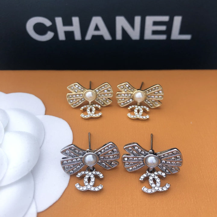 Pearl Bow & Crystal Drop Earrings