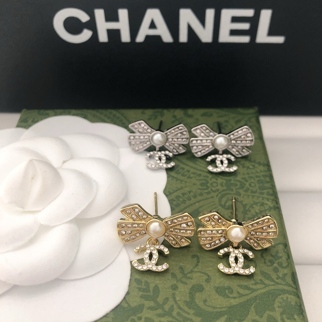 Pearl Bow & Crystal Drop Earrings