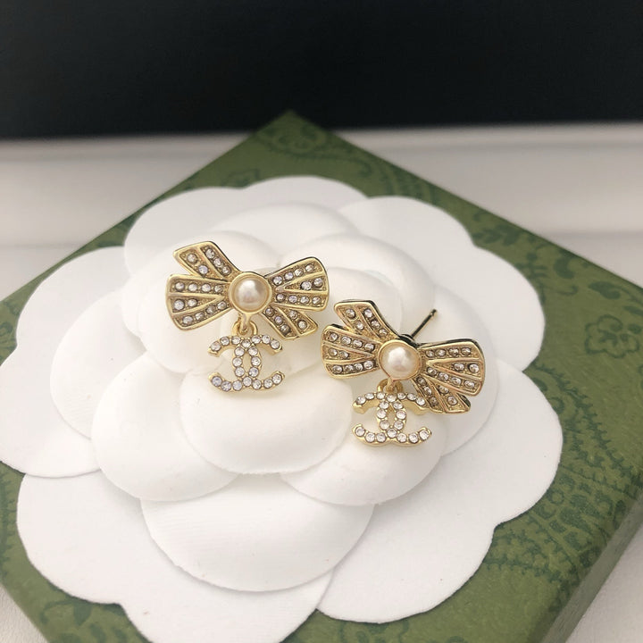Pearl Bow & Crystal Drop Earrings