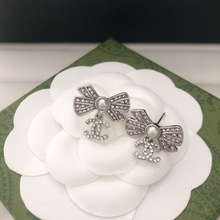 Pearl Bow & Crystal Drop Earrings