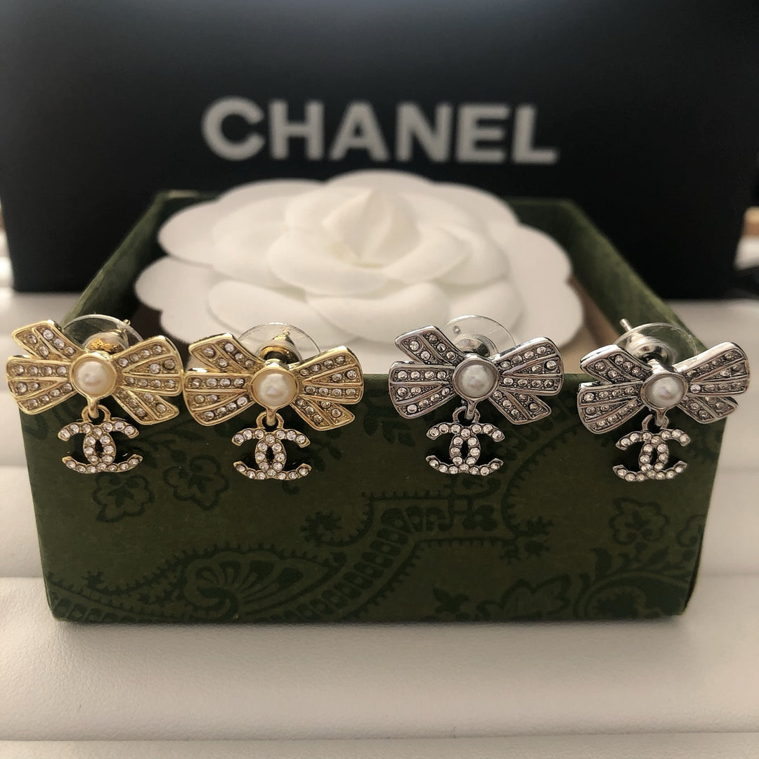 Pearl Bow & Crystal Drop Earrings