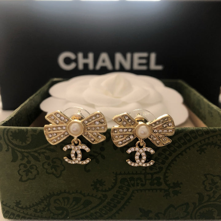 Pearl Bow & Crystal Drop Earrings