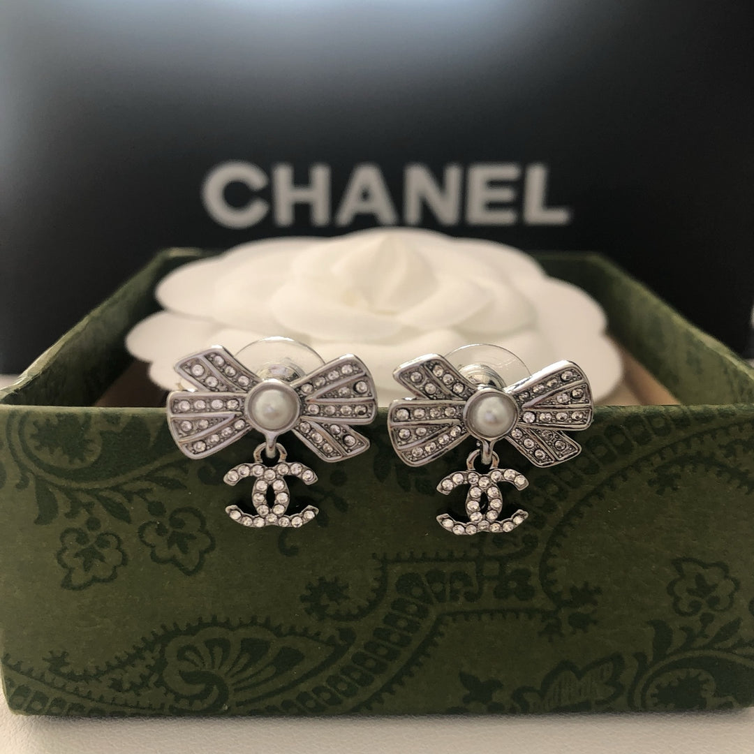 Pearl Bow & Crystal Drop Earrings