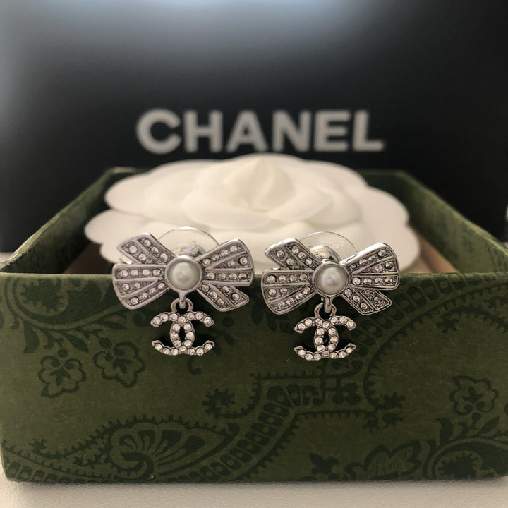 Pearl Bow & Crystal Drop Earrings