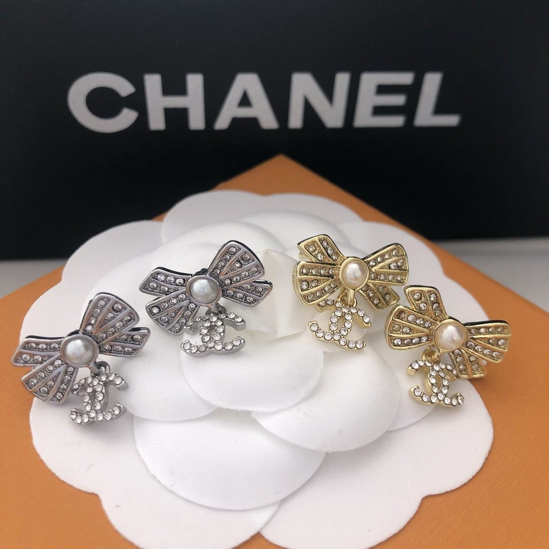 Pearl Bow & Crystal Drop Earrings