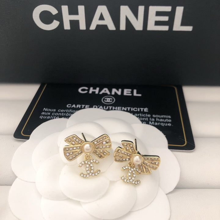 Pearl Bow & Crystal Drop Earrings