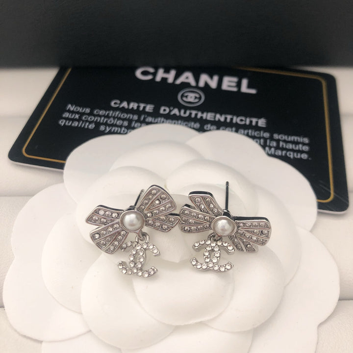 Pearl Bow & Crystal Drop Earrings