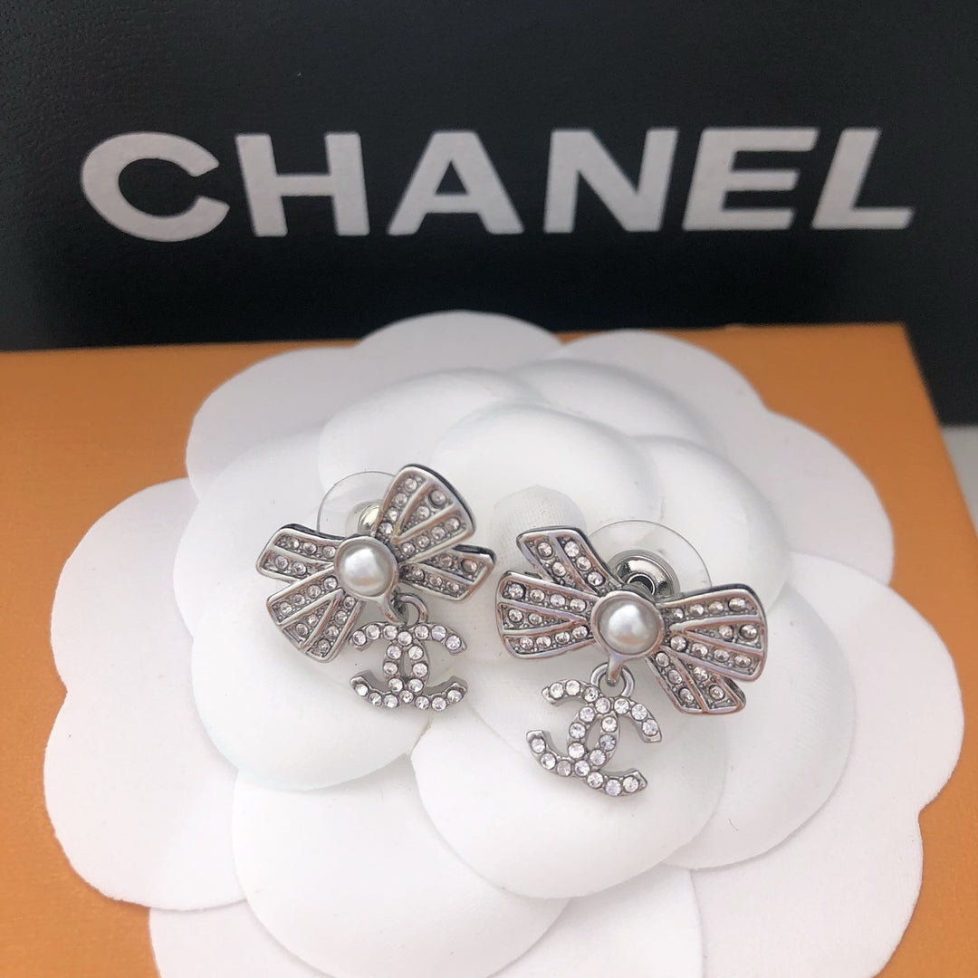 Pearl Bow & Crystal Drop Earrings