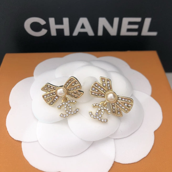 Pearl Bow & Crystal Drop Earrings