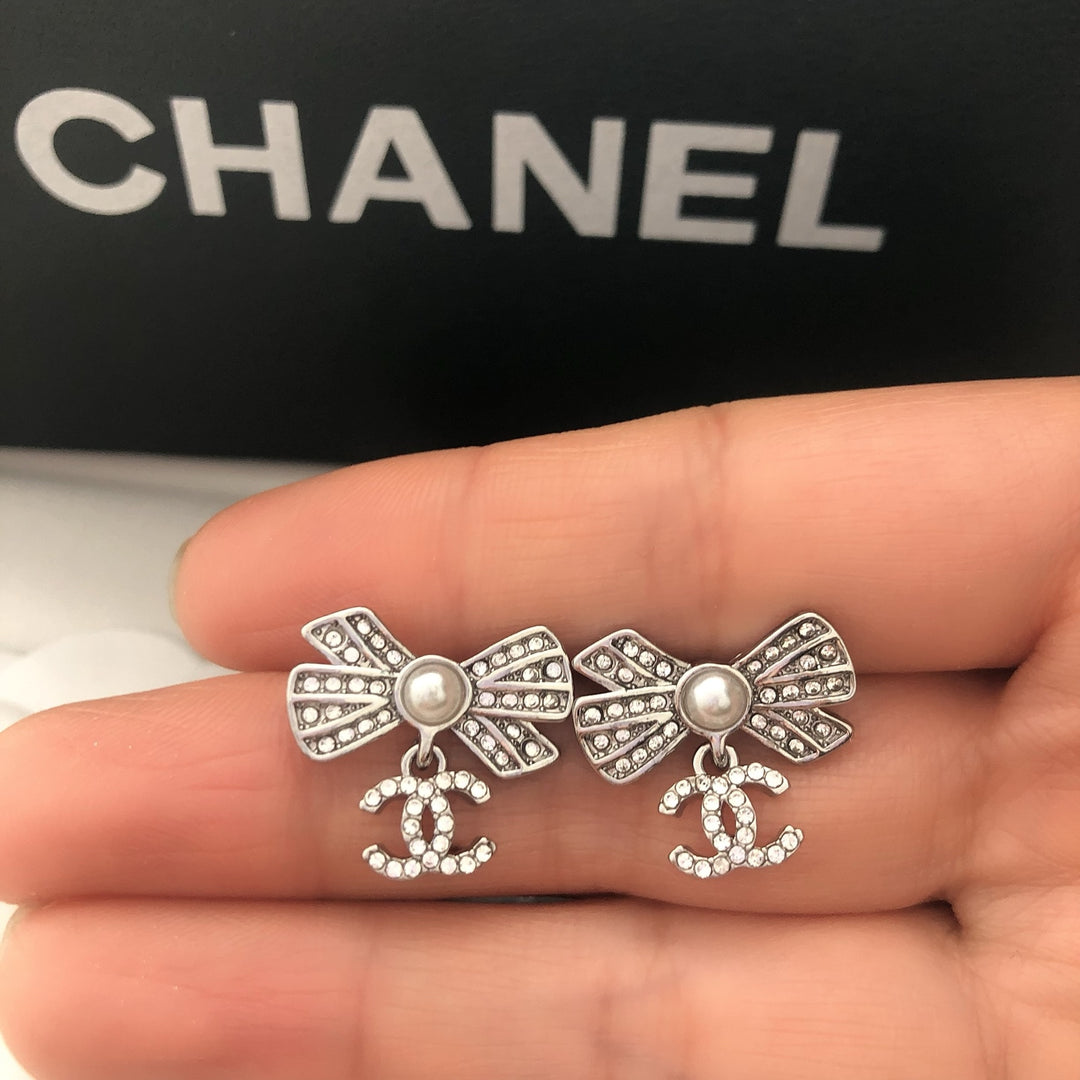 Pearl Bow & Crystal Drop Earrings