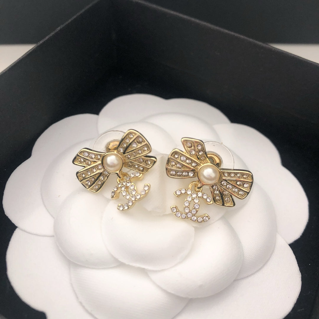 Pearl Bow & Crystal Drop Earrings
