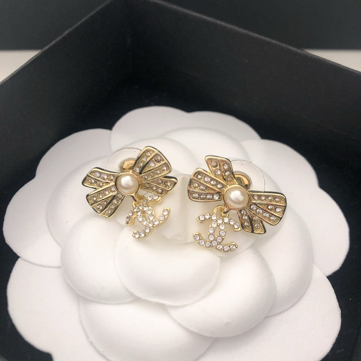 Pearl Bow & Crystal Drop Earrings
