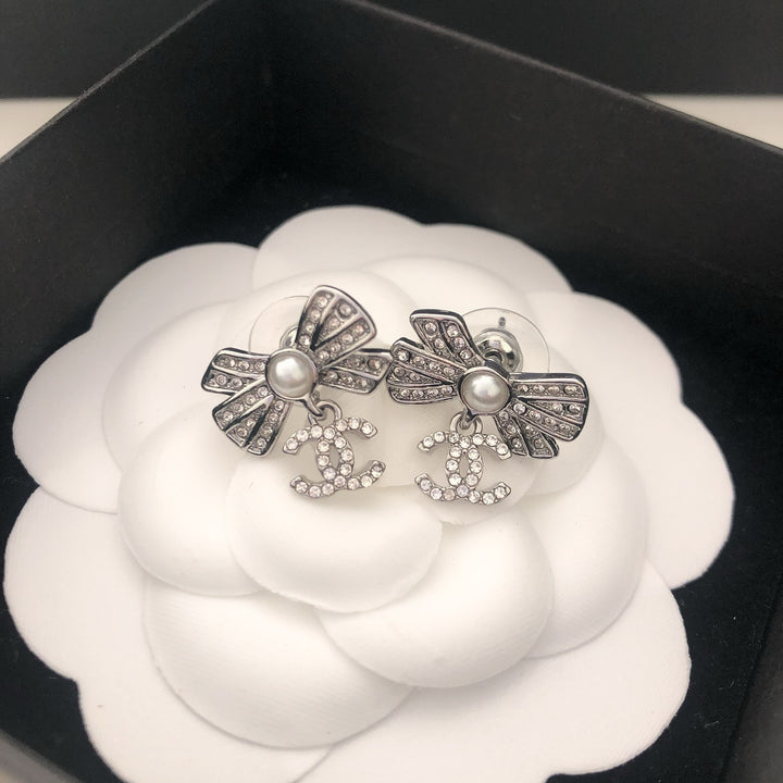 Pearl Bow & Crystal Drop Earrings