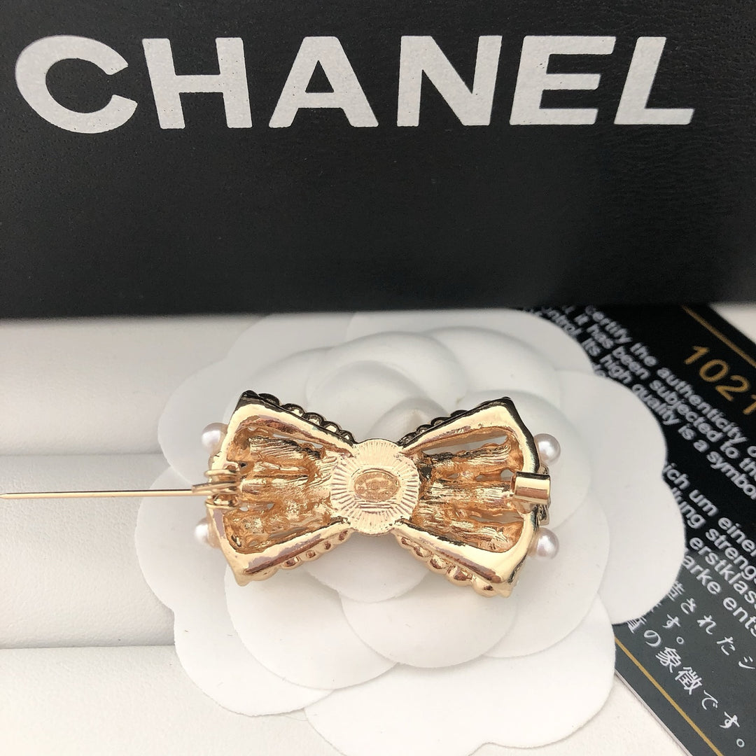 Pearl and Crystal Bow Brooch