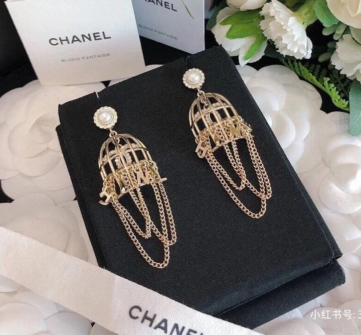 Pearl Topped Gold Birdcage Style Chain Earrings