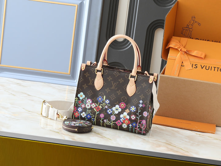 2 Size Floral Embellished Monogram Tote