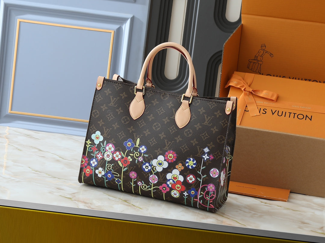 2 Size Floral Embellished Monogram Tote
