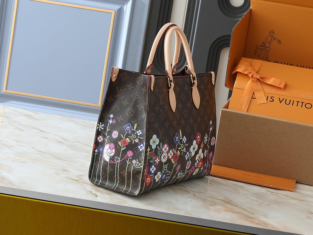 2 Size Floral Embellished Monogram Tote