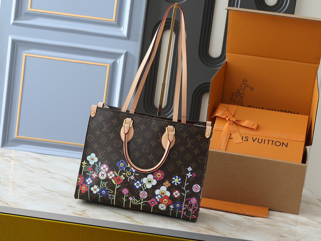 2 Size Floral Embellished Monogram Tote