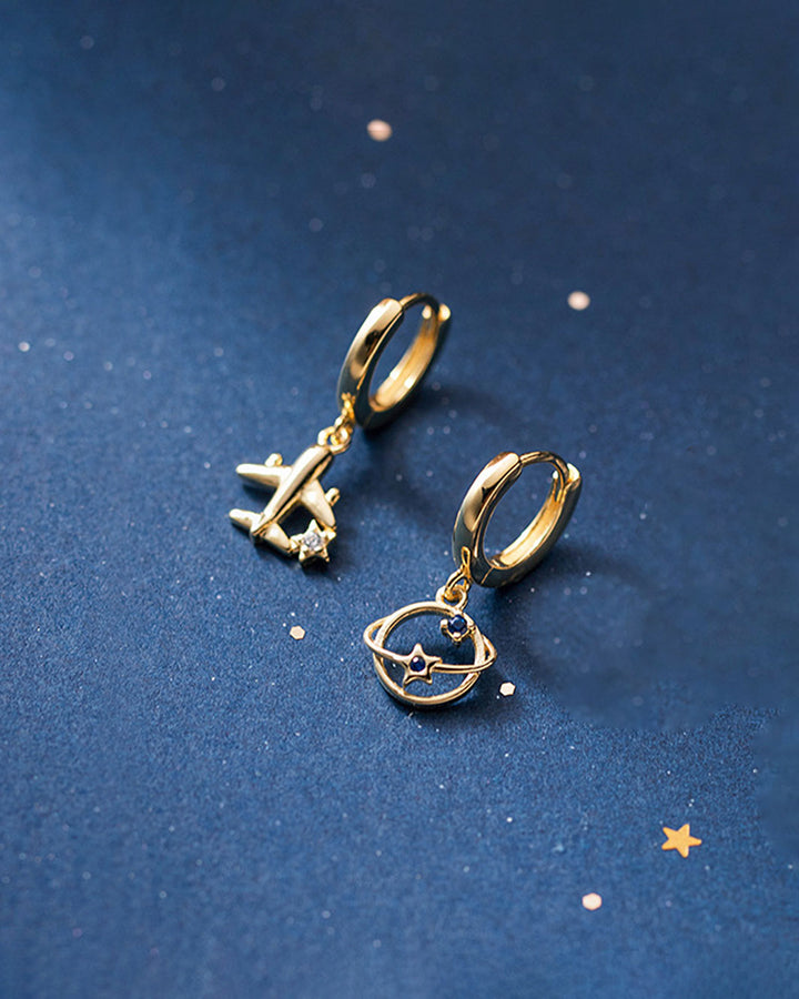 Planet and Airplane Huggie Earrings