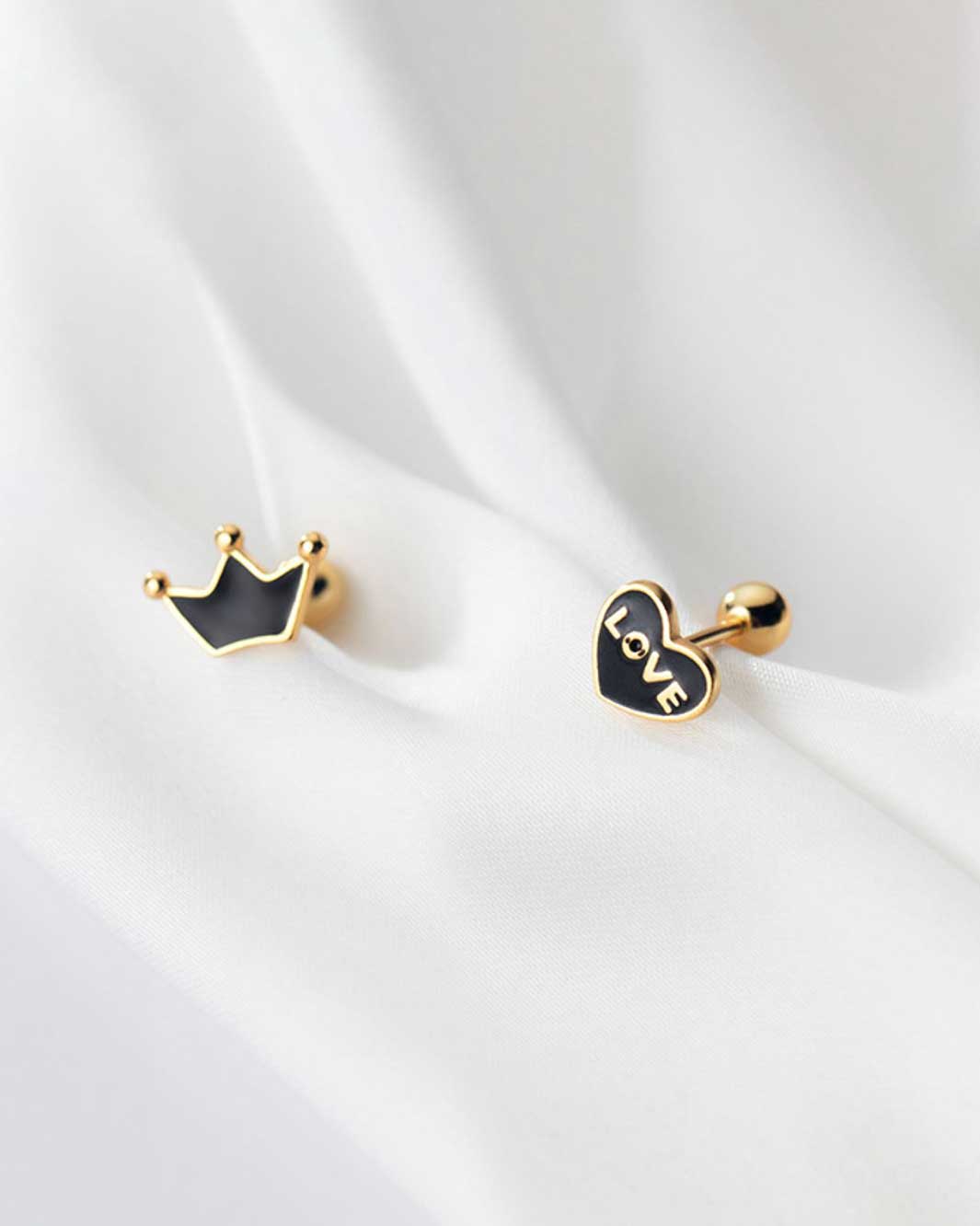Black Heart and Crown Barbell Earrings