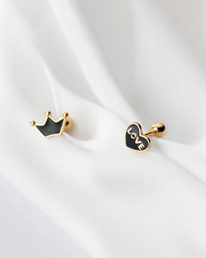 Black Heart and Crown Barbell Earrings