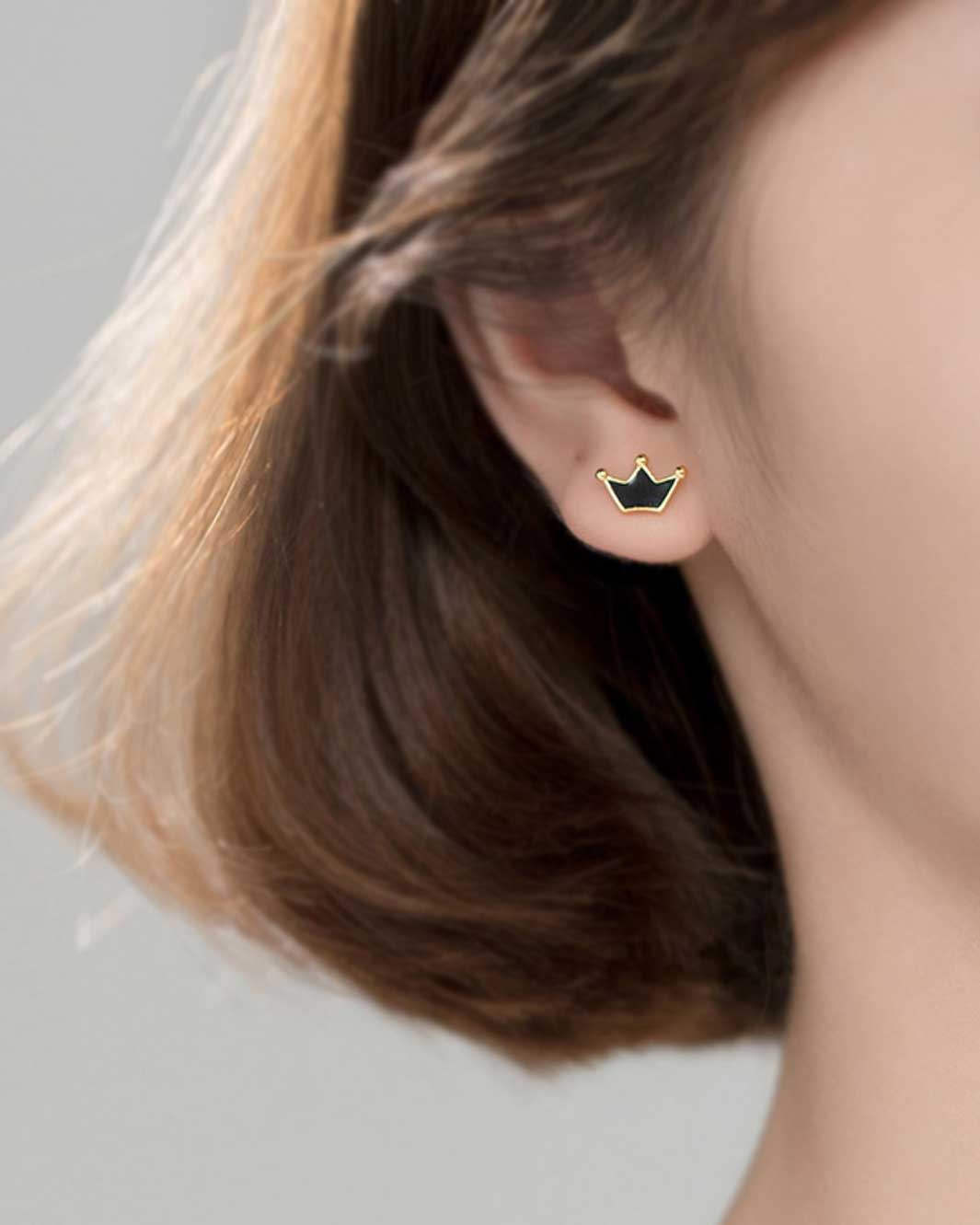 Black Heart and Crown Barbell Earrings