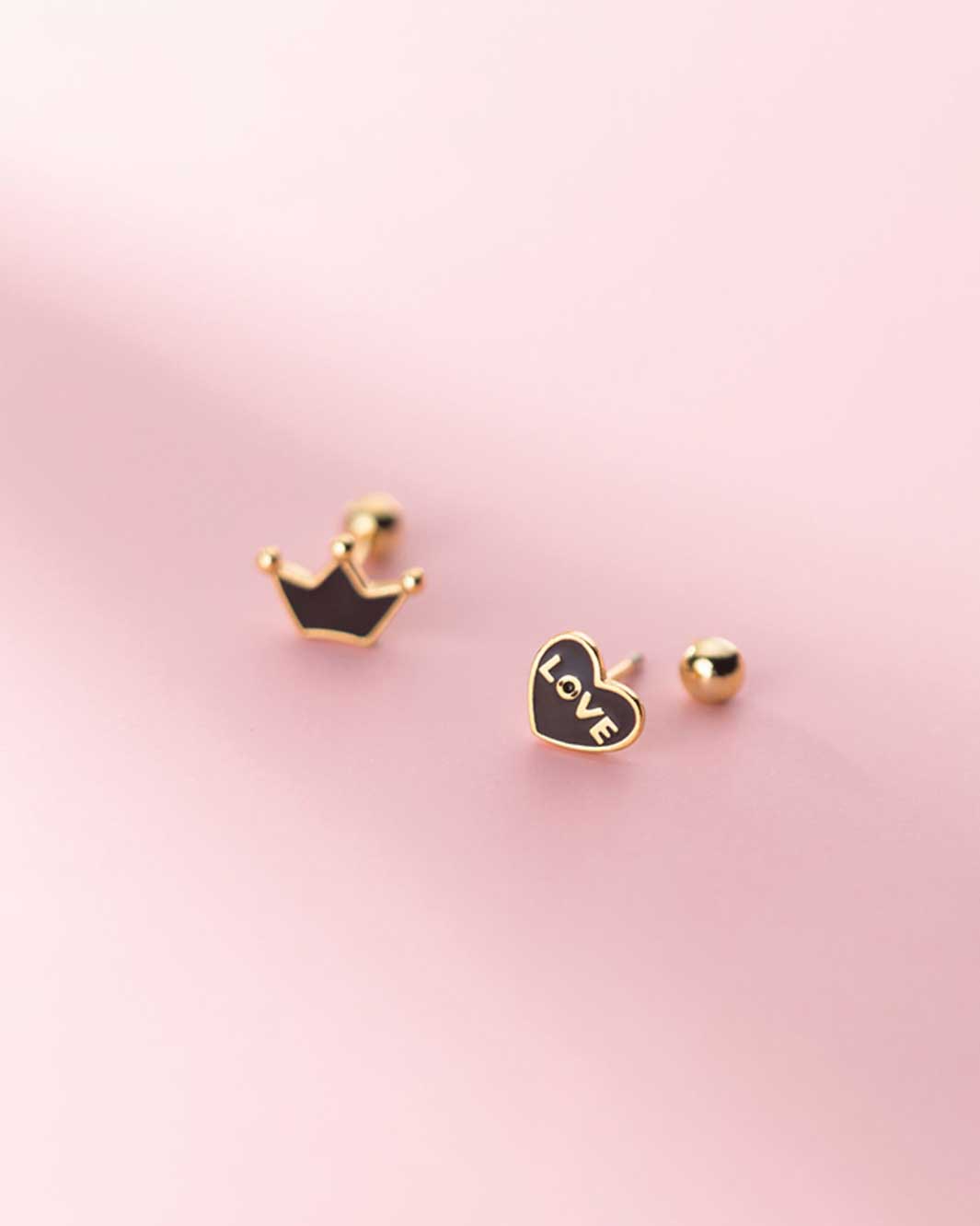 Black Heart and Crown Barbell Earrings