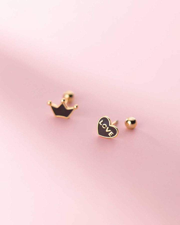 Black Heart and Crown Barbell Earrings