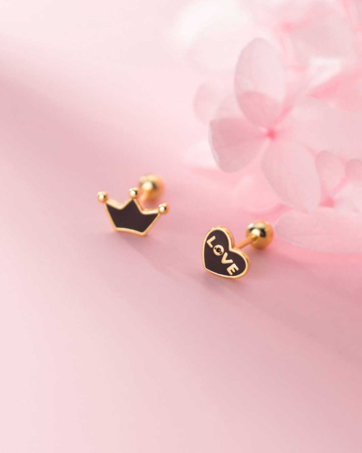 Black Heart and Crown Barbell Earrings
