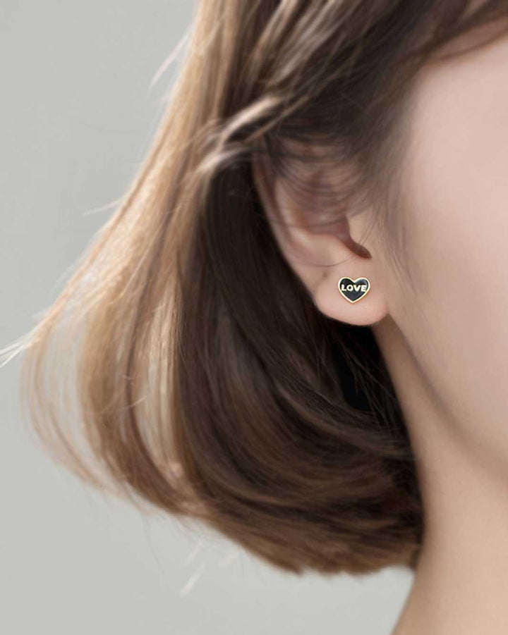 Black Heart and Crown Barbell Earrings