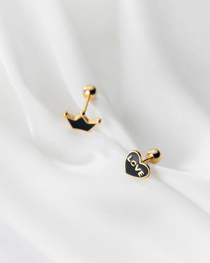 Black Heart and Crown Barbell Earrings