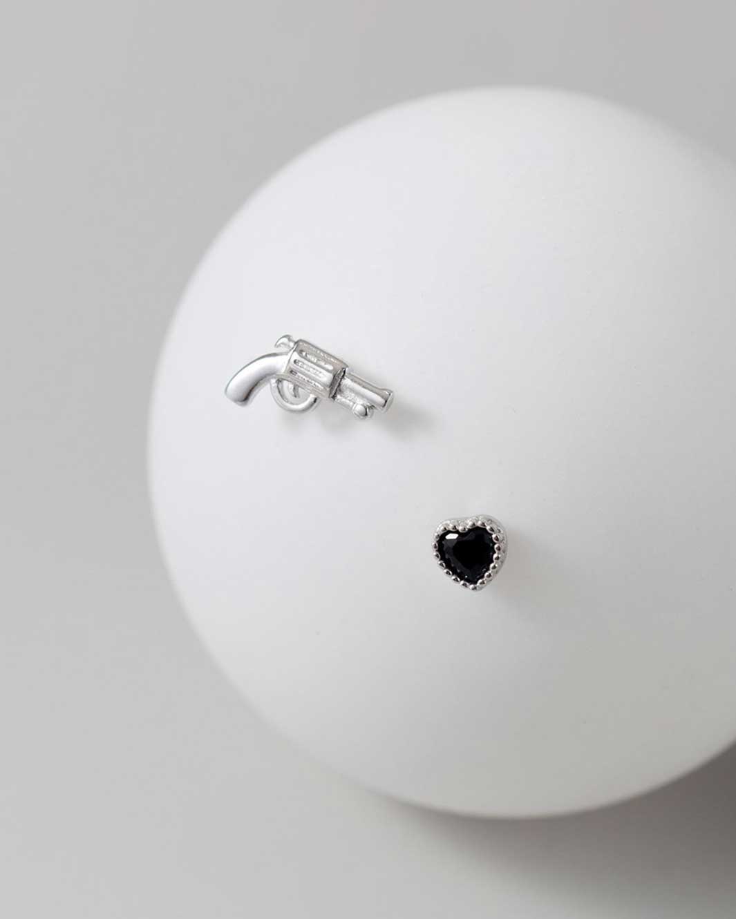Gun and Black Heart Mismatch Stud Earrings