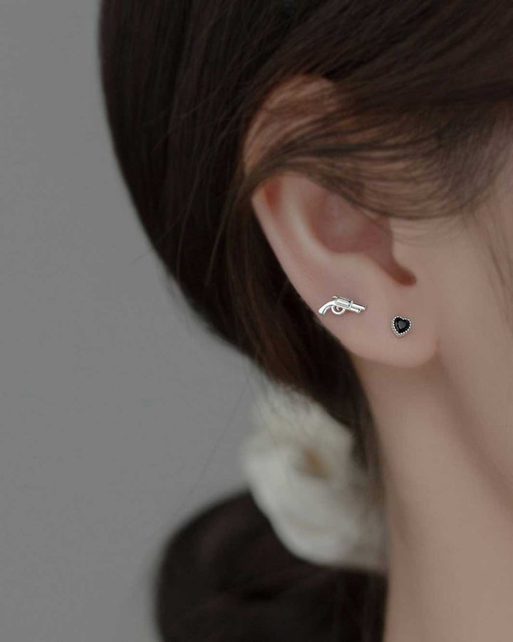 Gun and Black Heart Mismatch Stud Earrings