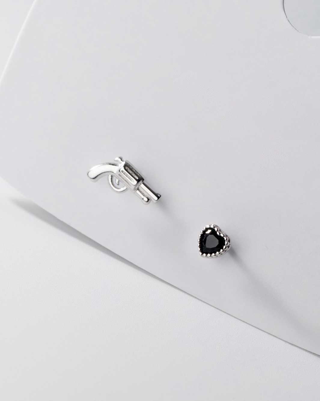 Gun and Black Heart Mismatch Stud Earrings