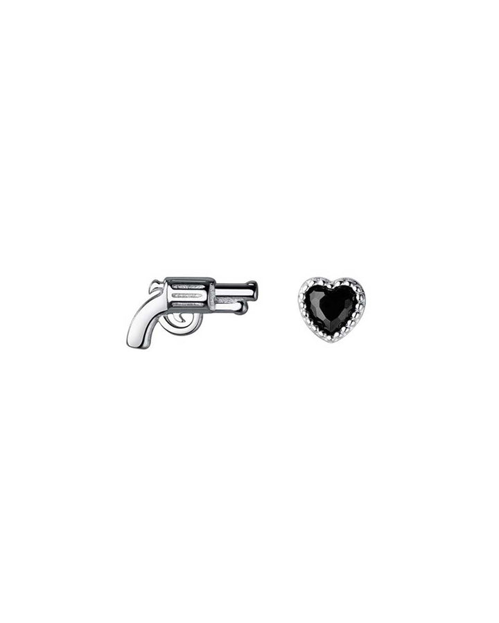 Gun and Black Heart Mismatch Stud Earrings